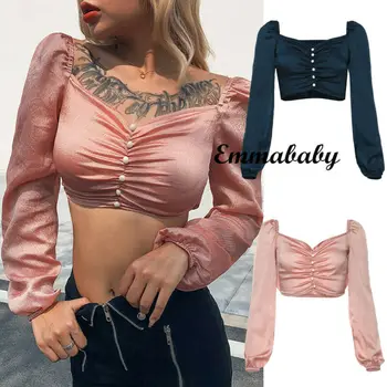 

NEW Women Sexy Backless Off Shoulder Ruffle Long Sleeve with Button Shirt Casual Cami Short Blouse
