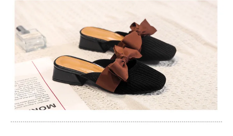 knitting square close chunky mules slides trendy casual bow-knot shallow slingback loafers breathable fly weave slippers autumn