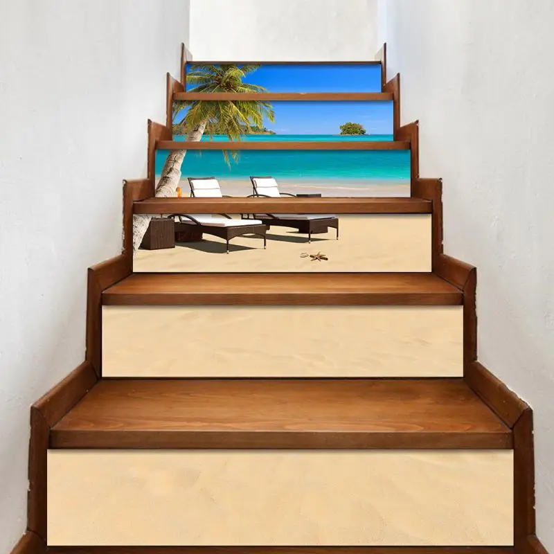 

6pcs/set 3D Seaside Staircase Stair Riser Floor Sticker Self Adhesive DIY Stairway Waterproof PVC Wall Decal Home Decor