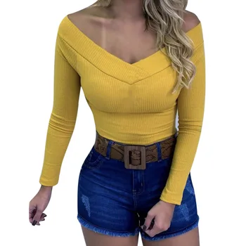 

2020 Fashion Women's Bodycon Bodysuits Sexy Deep V-Neck Off Shoulder Long Sleeve Jumpsuits Autumn Casual Solid Jumpsuit Female