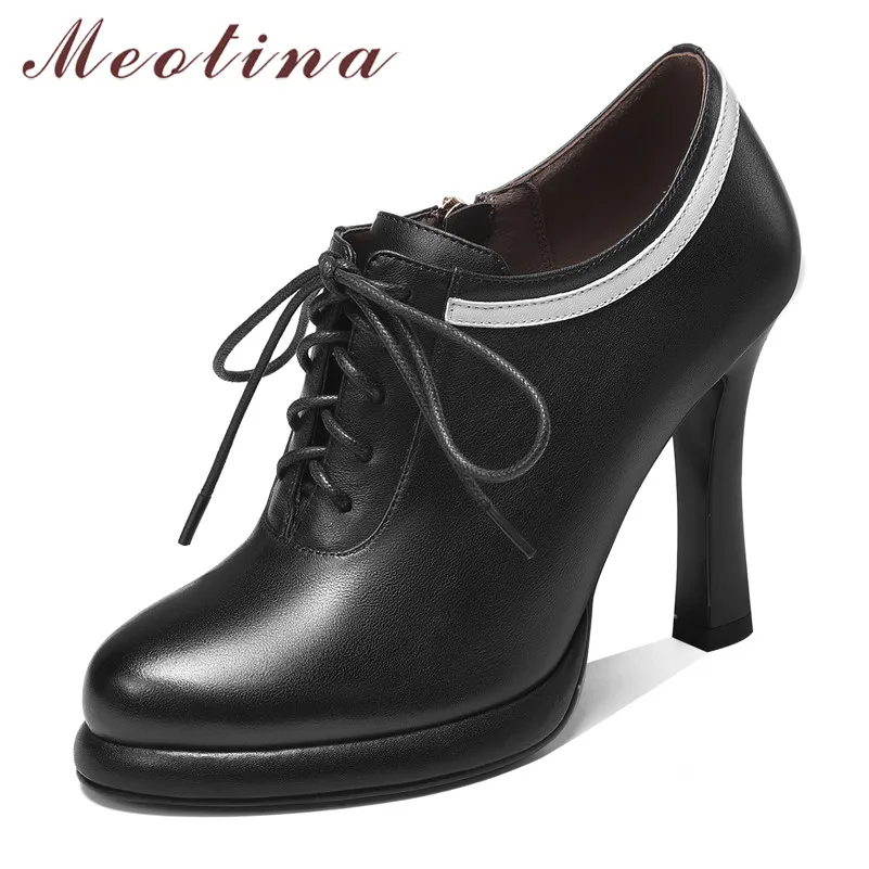 

Meotina High Heels Women Pumps Natural Genuine Leather Block High Heel Shoes Real Leather Zipper Round Toe Shoes Ladies Size 39