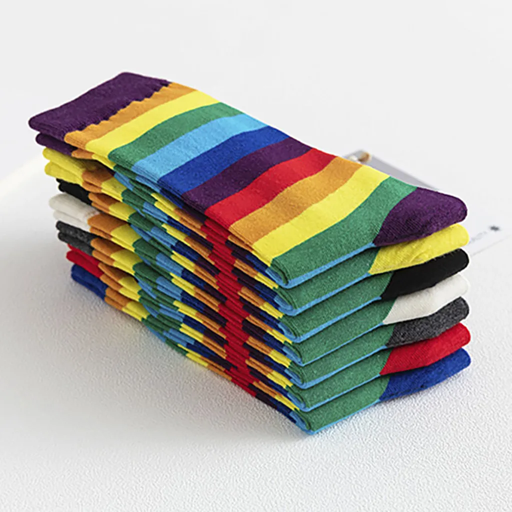 Women's Rainbow Striped Pile Of Socks In The Tube Casual Cotton Socks Girl Fashion Elasticity Candy Color Fashion NEW