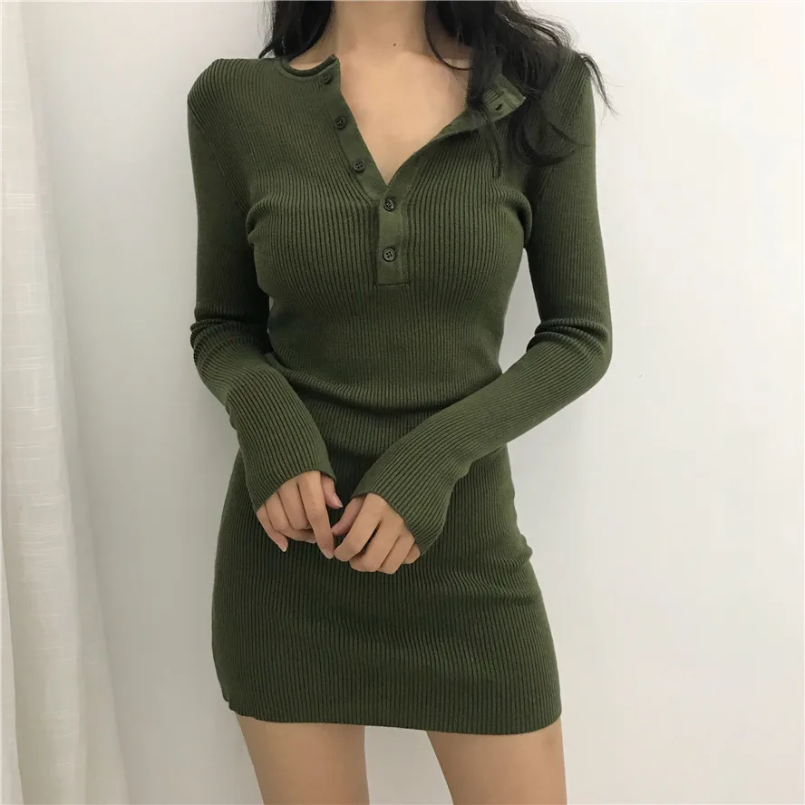 new spring and autumn style vintage sheath solid button empire o-neck knitting long sleeve dress moda feminina Ladies green | Женская