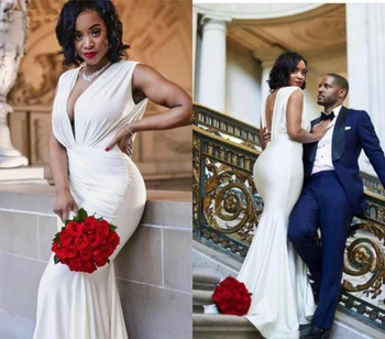 

White Mermaid Backless Evening Dresses 2020 Deep V Neck Formal Women Holiday Wear Celebrity Party Gowns Plus Size Custom Made