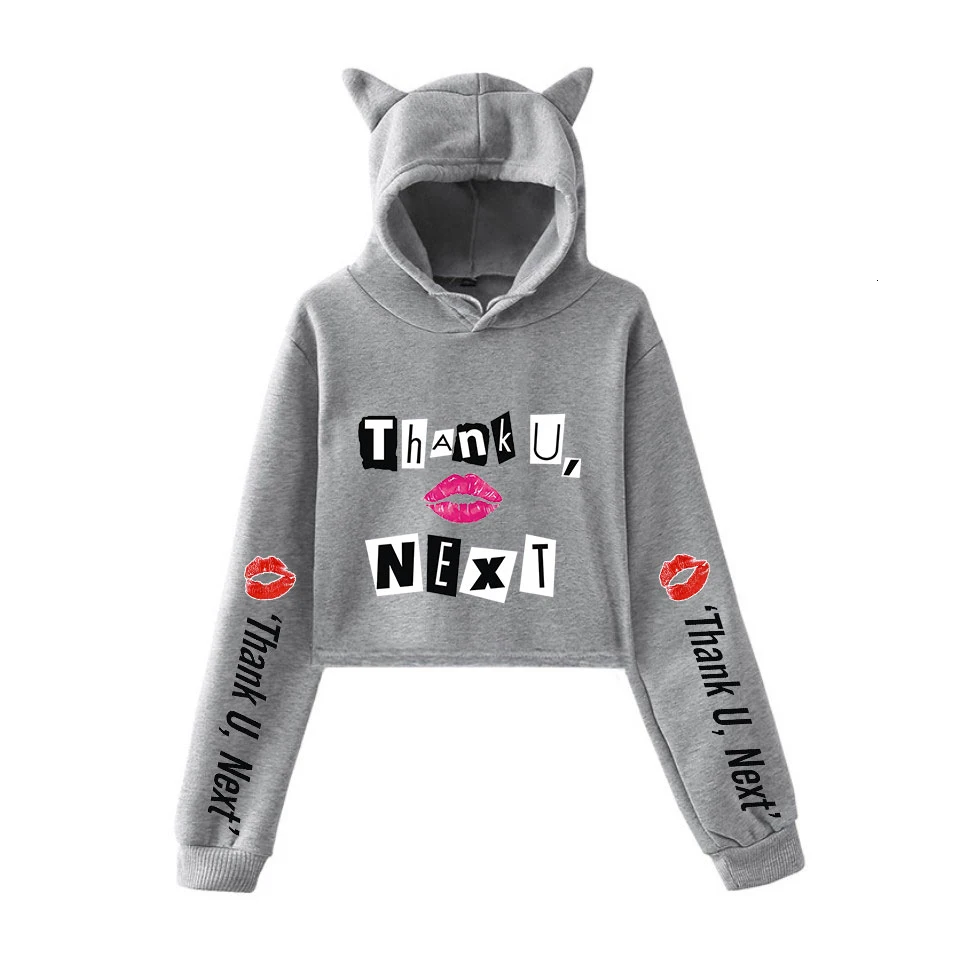 Ariana Grande Thank U Next альбом пупка худи с кошачьими ушами толстовки крутой Печатный женский сексуальный Kpop укороченный топ толстовки Толстовка