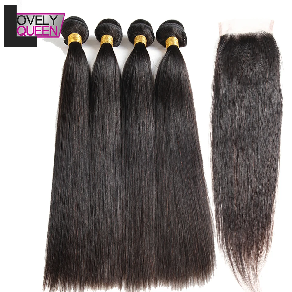 

Lovely Queen Hair Straight 4 Bundles with Closure Brazilian Human Hair Bundles with Closure Non Remy Grade Natural Color