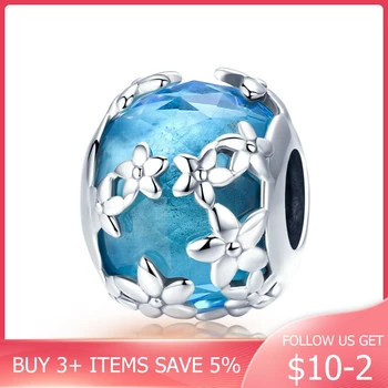 

CodeMonkey 100% 925 Sterling Silver Daisies Daisy Flower Blue CZ Crystal Beads Charm fit Charm Bracelet DIY Jewelry Making C878