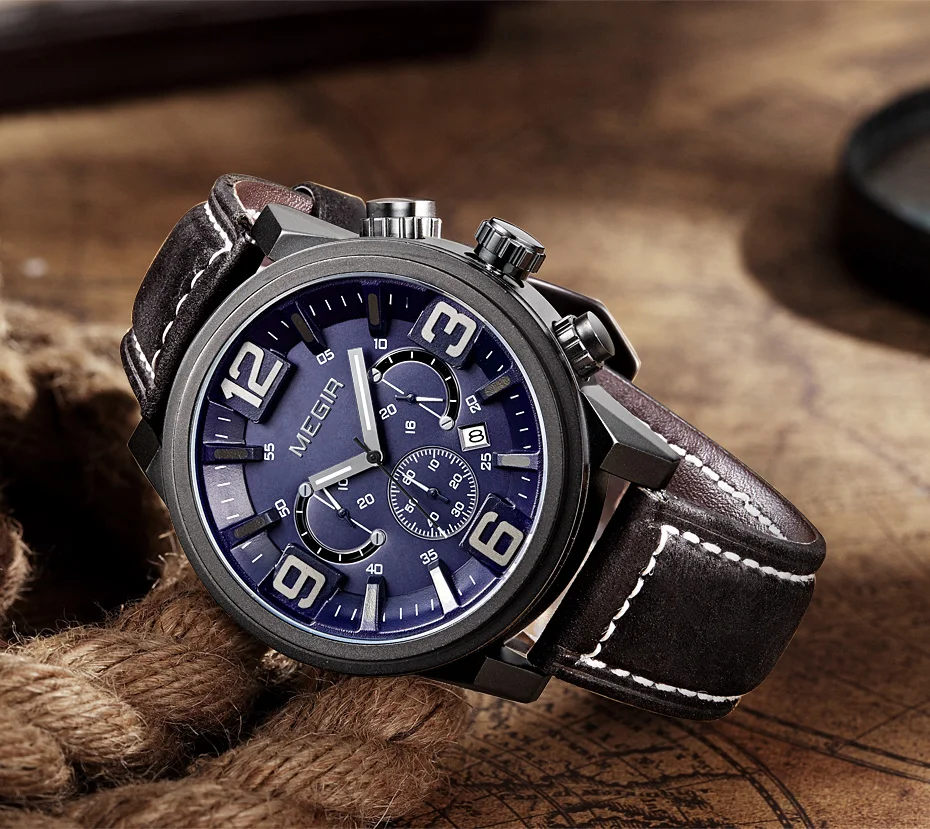 Топ люксовый бренд MEGIR спортивные часы мужские кварцевые часы с хронографом и большим циферблатом мужские кожаные Наручные часы Relogio Masculino