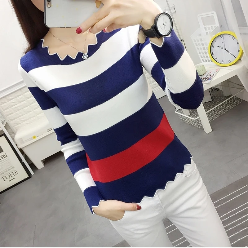 

Lucyever Patchwork Stretch Knit Sweater Women Fashion Mix Color Long Sleeve Black Sweater Woman 2019 Autumn Slim Ladies Pullover