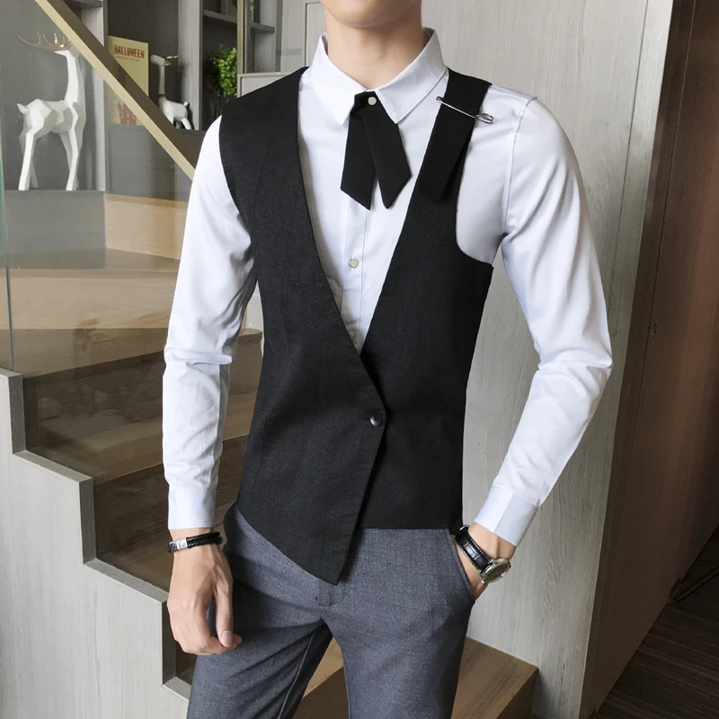 

Mens Fashion Suit Vest Single Button V-neck Waistcoats Mens Irregular Slim Vest Black Casual Sleeveless Nightclub KTV Gilet