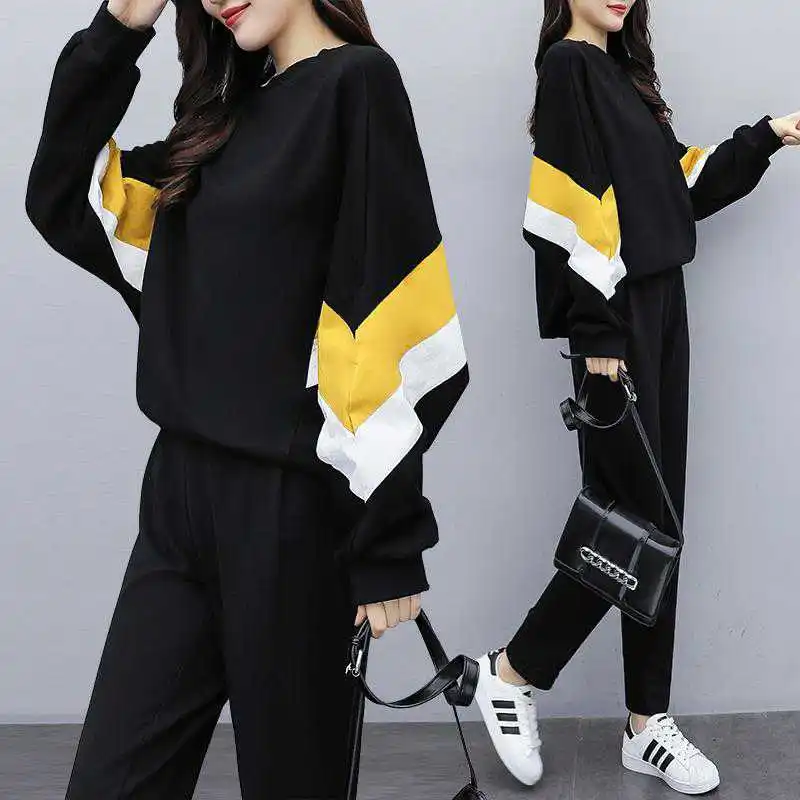 Exercise Set Women 2021 New Spring And Autumn Female Sportswear Student Teenager Girl Sweatshirt Pant Black Hot Sale 035