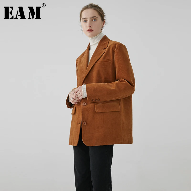 

[EAM] Women Corduroy Brief Big Size Blazer New Lapel Long Sleeve Loose Fit Jacket Fashion Tide Spring Autumn 2020 1R080
