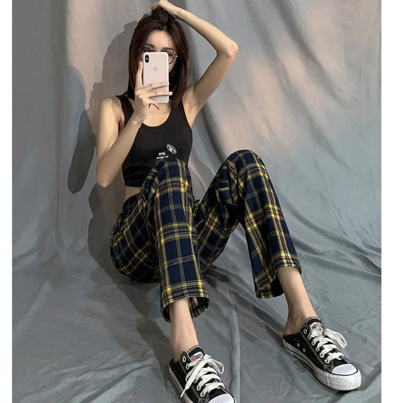 High Waist Plaid Pants Women Plus Size 