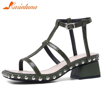 

Karinluna Fashion Hot Sale Genuine Cow Leather Buckle Strap Concise Shoes Woman Sandals Rivet Chunky Heels Summer Sandals Women