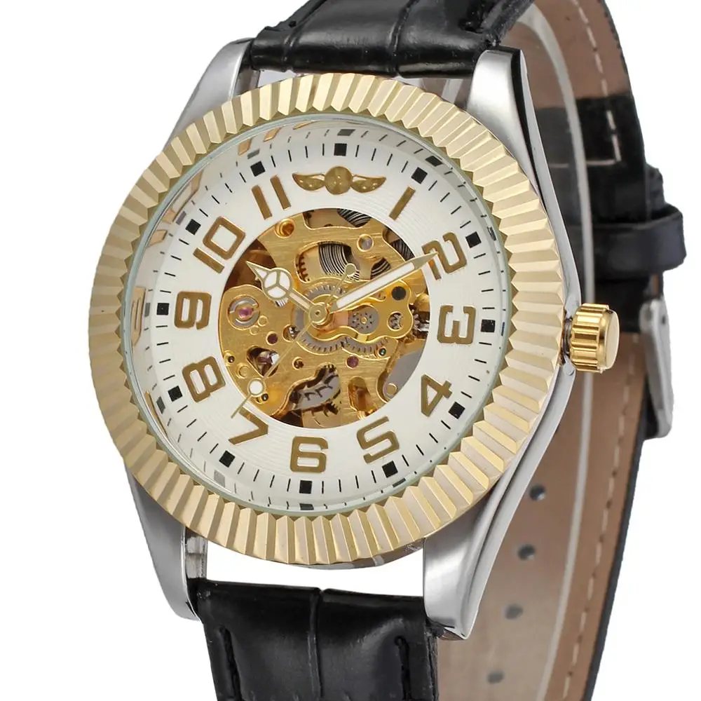 WINNER Top Brand Luxury Unisex Men Auto Mechanical Watch Golden Gear Case Skeleton Arabic Dial Leather Strap Fashion Wristwatch | Наручные