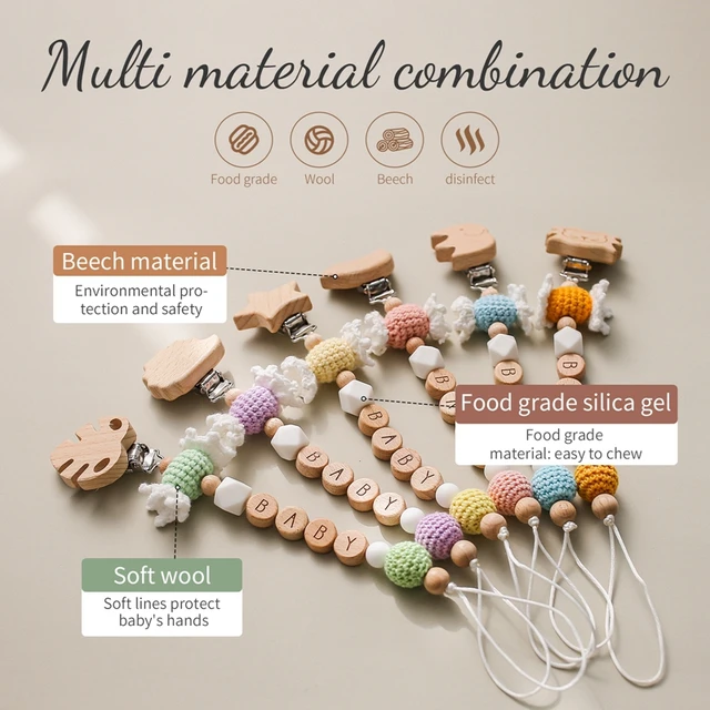 1pc Baby Pacifier Chain Personalize Name Pacifier Clip Wooden Dummy Chain Holder Crochet Candy Pacifier  Baby Teething Toys 2