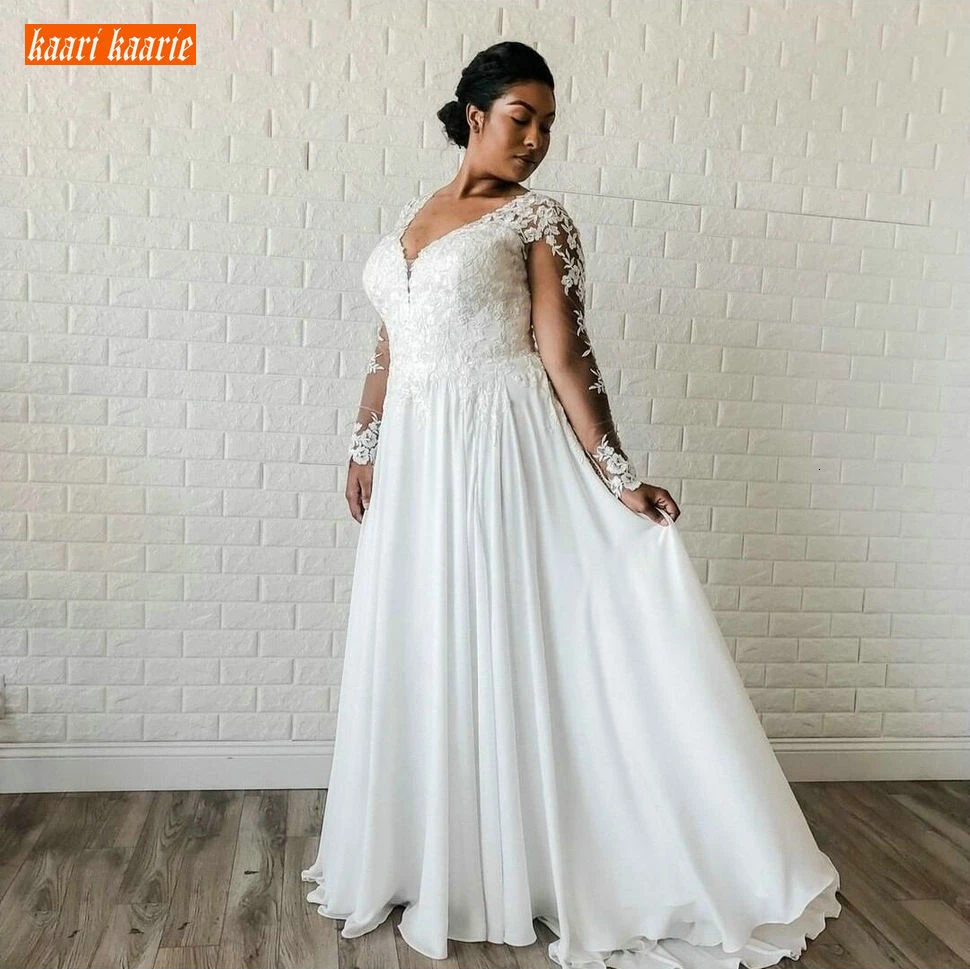 

Elegant Boho White Wedding Dresses V Neck Appliqued Chiffon A Line Wedding Gowns Long Sleeves 2020 Custom Made Beach Bride Dress