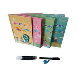 4 Books + Pen Magic Copy Book Free Wiping Children's kids Writing Sticker Practice English Copybook For Calligraphy Montessori