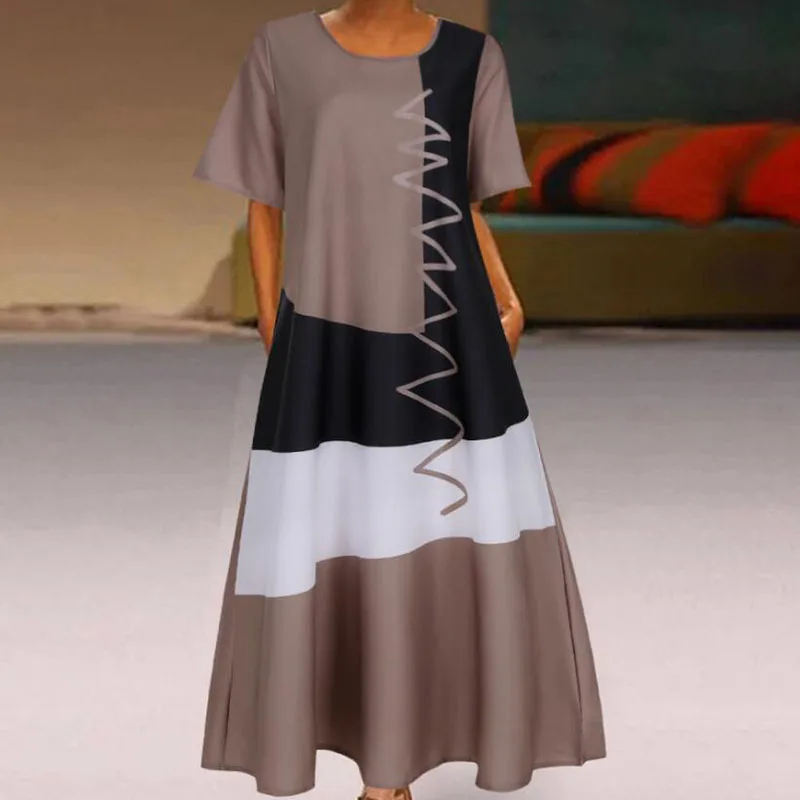 Женское повседневное свободное платье с круглым вырезом удобное винтажное