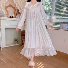 Lace Vintage Palace Style Long Nightgown Sexy Women Sleepshirts White Negligee Nighty Lolita Nightdress Sleepwear Dressing Gown