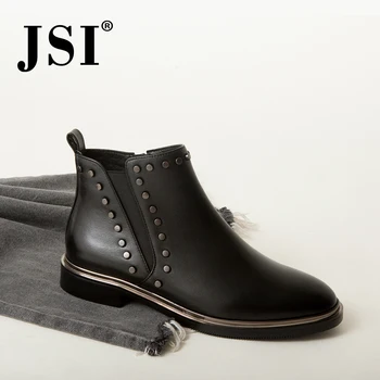 

JSI Ankle Women Boots Genuine Leather Round Toe Winter Solid Low Heel Shoes Square Heel Zip Handmade Women Chelsea Boots JC424