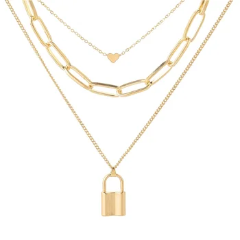 

1PC Punk Style Necklace Multi-layer Chain Retro Choker Gold Lock Pendant
