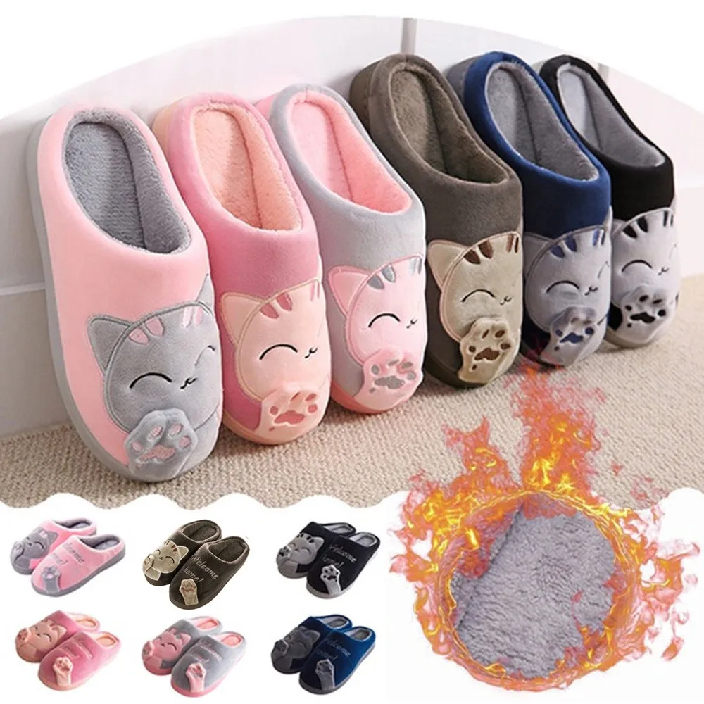 Men Winter Home Slippers Cartoon Cat Non-slip Warm Indoors Bedroom Floor Shoes Male House Bedroom Slippers Warm Winter Cotton