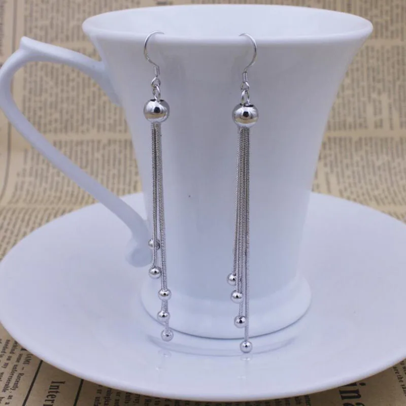 

925 Sterling Silver Bridal Jewelry Beads Long Tassel Drop Earrings For Women Boucle d'oreille oorbellen Brincos S-E62