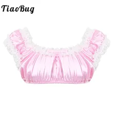 Tiaoamazing, мужские кроссдрессеры, неженкие мини топы, гладкое атласное белье, круглый вырез, без рукавов, с оборками, кружевной подол, горячий сексуальный укороченный топ