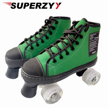 

Flat Roller Double Row Skates Shoes Womam Men Adult Artificial Leather Outdoor Patins With Transparent PU Wheels 5 Color Skate