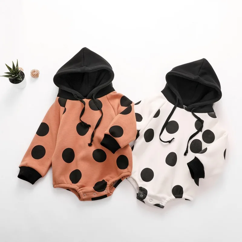 

abys Boy Girl Romper Thicken Velvet Polka Dot Pattern Long Sleeve Winter Hoodie Jumpsuits Newborn Outfits One-Pieces Jumpsuits