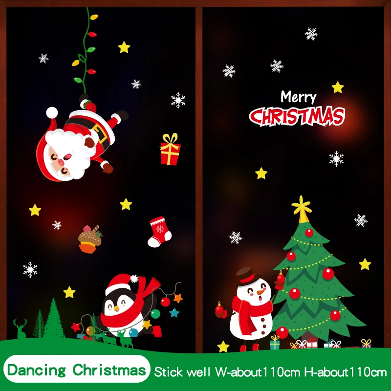 Merry Christmas DICOR Мультяшные рождественские наклейки для оконной витрины, съемный Санта Клаус, снеговик, домашний декор, клей, ПВХ, Новогодняя Наклейка на стекло - Цвет: Merry Christmas