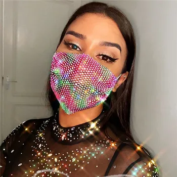 

INS Sparkling Colorful Rhinestone Mesh Bottom Hollow Mask Jewelry for Women Party Crystal Bling Elastic Decorative Masks Breath