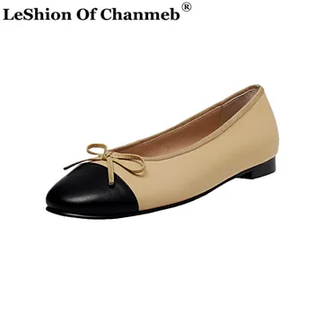 

Women Espadrilles Casual Shoes Natural Genuine Leather Flat Shoes Bow Round Toe White Nude Ballet Flats Lady Small Size 33-41