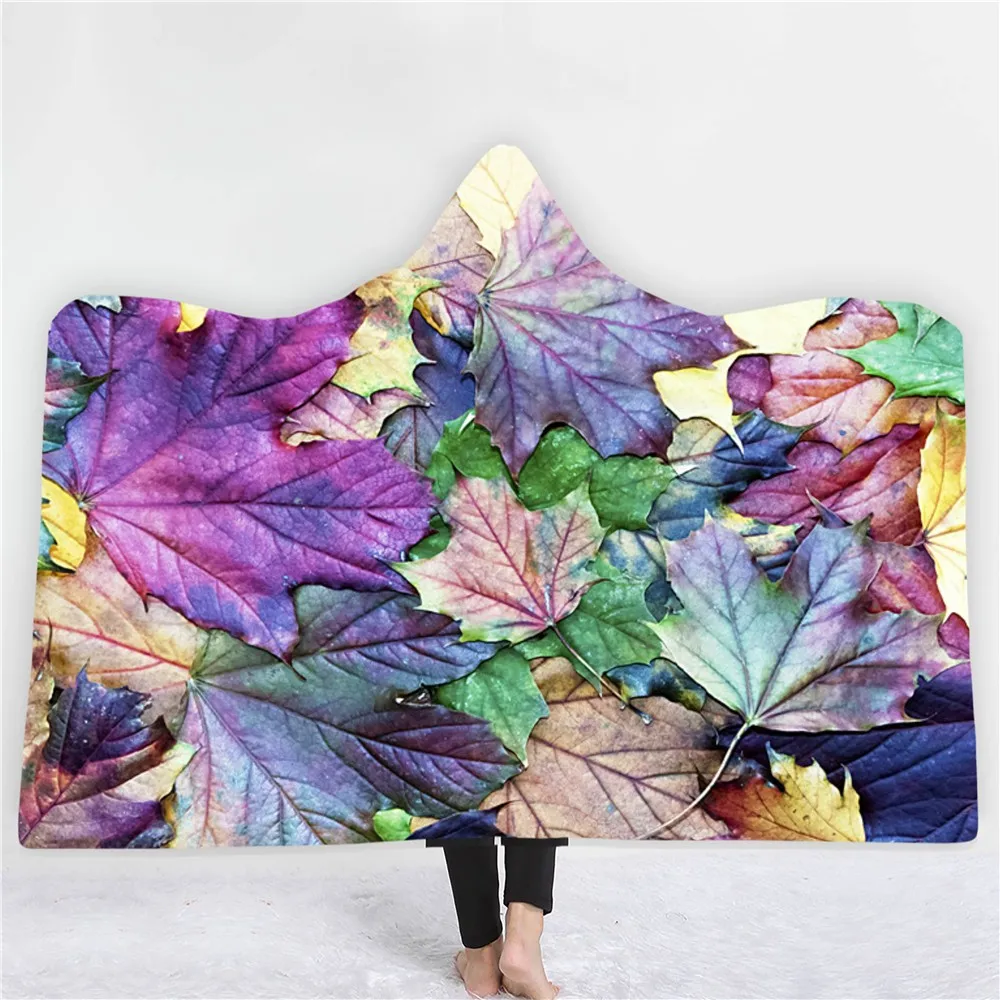 

Colorful Autumn Leaves Hooded Blanket Maple Leaf Wearable Blanket Nap Office Throw Blanket Travel Airplane Soft Fleece Blanket