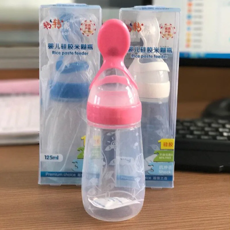 Newborn Baby Silicone Squeeze Feeding Bottle With Spoon For Infant