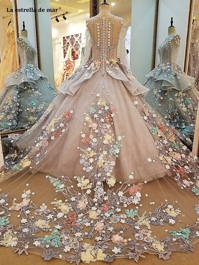 Robe de mariage princesse2019 новое из кружева, с вырезом на шее 3D цветок бисером роскошное бальное платье Цвет дубайское вечернее платье со шлейфом Средний Ea