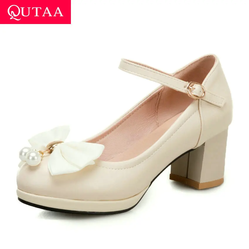 

QUTAA 2020 Butterfly-Knot String Bead Round Toe Square Heel Women Single Shoes PU Leather Buckle Sweet Ladies Pumps Size 34-43