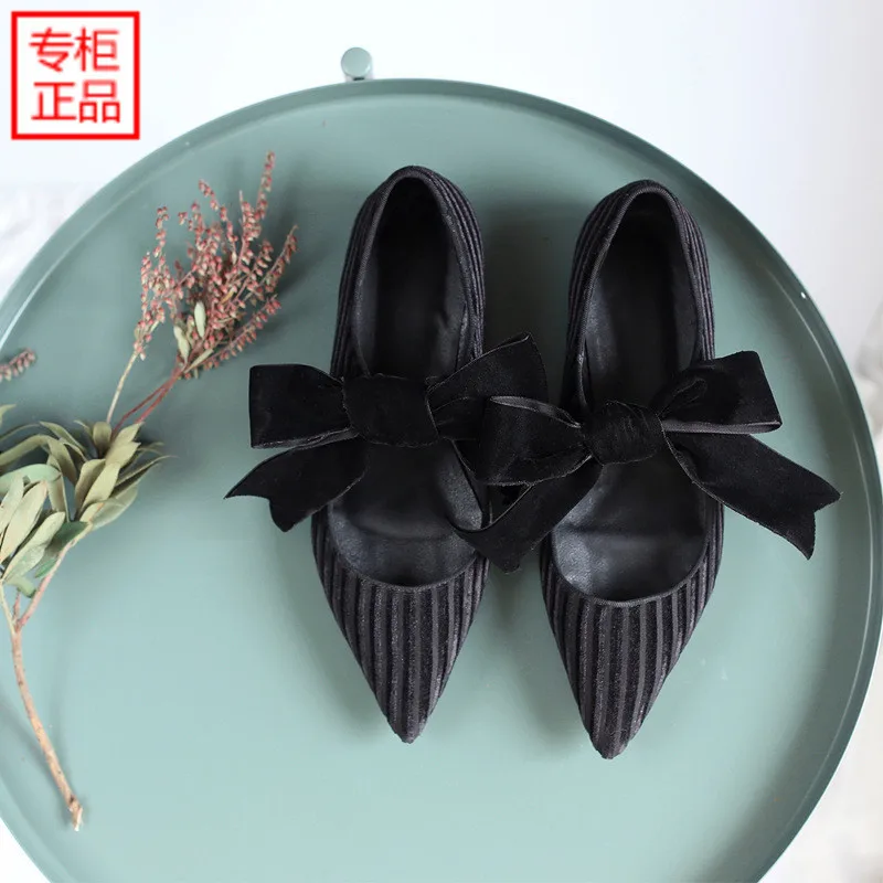 

2019 Dark Green Shoe Korean-style Women's Velvet Surface Large Bow with Pointed-Toe Straight-line Buckle Flat Little Fairy Shoes