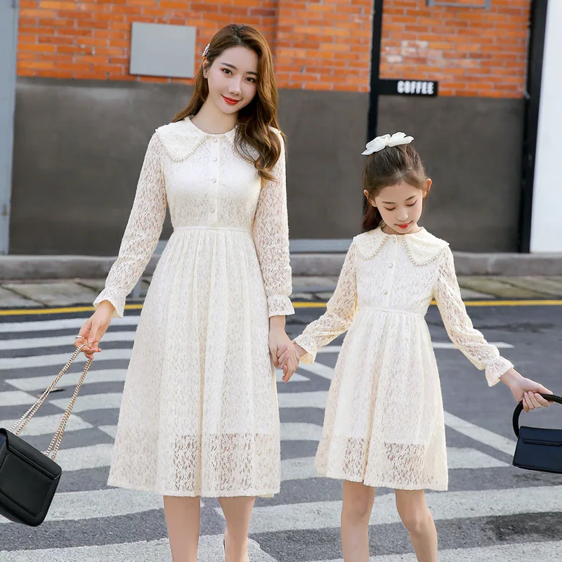 WLG Mother and Daughter Cute Dresses Family Matching Clothes Spring Autumn Beige Pink Lace Dress
