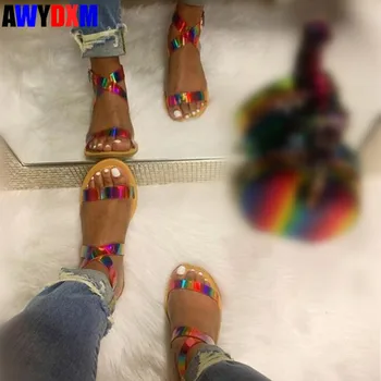 

New Women's sandals summer ladies shoes open toe buckle flat sandals women bling casual outside beach slides female 2020 s377