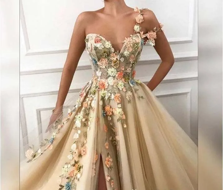 

Fashion Champagne One Shoulder Lace 3D-Flowers High Slit Thigh Sleeveless Prom Dresses