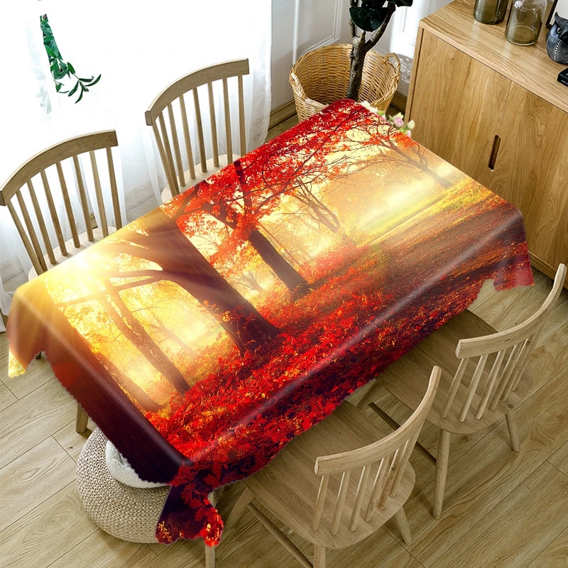 

3D Maple Leaf Landscape Sunset Forest Tablecloth Dustproof Thicken Cotton Rectangular/Round Table Cloth for Wedding Picnic Party