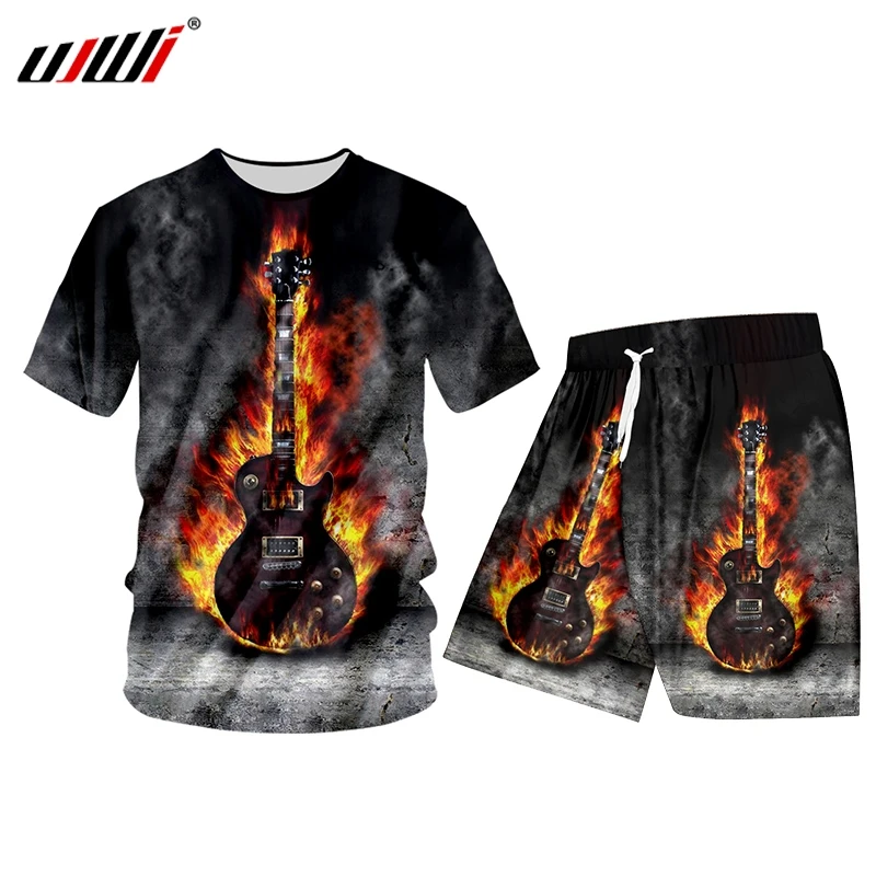 UJWI  3D digital printing Set Outdoors Quick Drying Flame guitar Short Sleeve 2 Piece Set Tank Tops and Shorts Men Breathable men s basketball vest quick drying basketball suit free custom logo printing men s sportswear training breathable running set