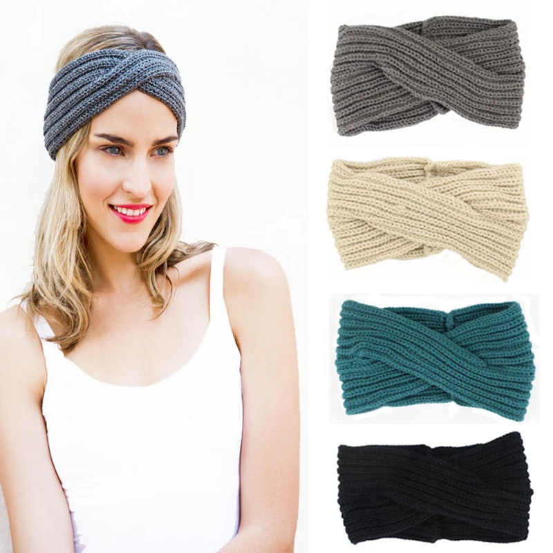 

Vintage Solid Winter Knitted Headbands Warmer Women Head Wrap Crochet Hairband Elastic Wool Turban Girls Elegant Hair Band Black