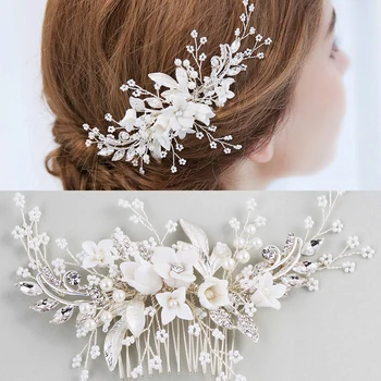 

NPASON White Flower Bride Hair Comb Accessories Wedding Hair Comb Rhinestone Pearl Elegant Ladies Head Jewelry Headband Flower
