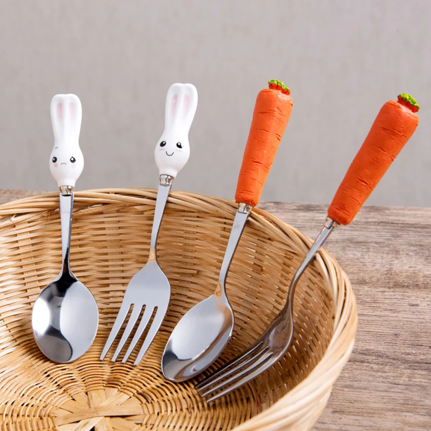 Cartoon Stainless Steel Long Handle Spoon/ Fork Cute Carrot Rabbit Dinner Spoon Fork Tableware Flatware Utensils Home Kitchen stainless steel spoon