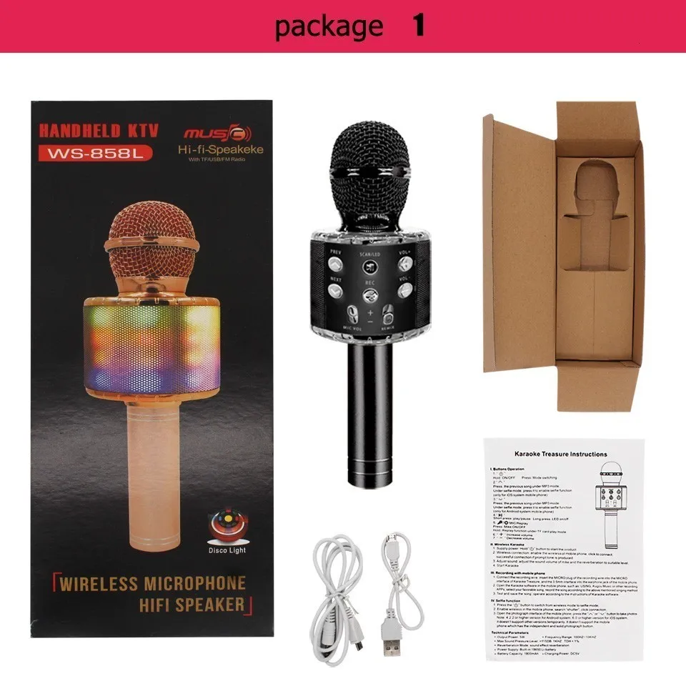 black--colorcarton Ws858 L Wireless Karaoke Microphone Bluetooth Speaker Led Light Handheld Sing& Recording Portable KTV For IOS/Android Phone - Цвет: black--colorcarton