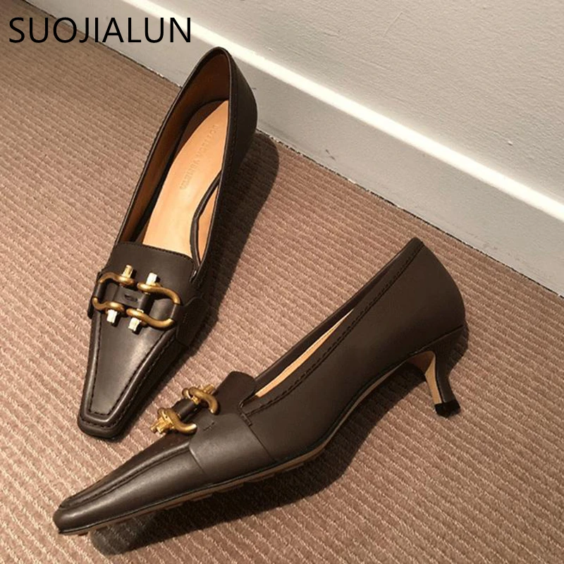 SUOJIALUN/Модные фирменные дизайнерские женские туфли-лодочки с пряжкой; Рабочая обувь без застежки с квадратным носком на низком каблуке; сезон весна-осень; обувь для вечеринки и свадьбы