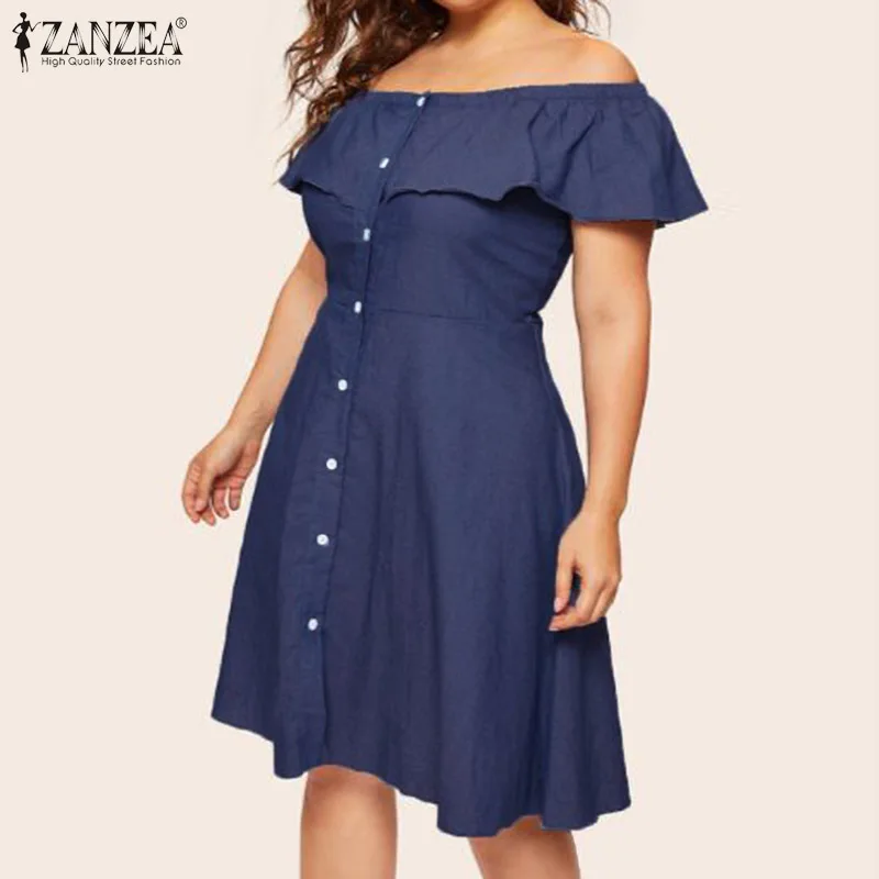 Модное джинсовое синее платье, женский летний сарафан, ZANZEA,, женское Повседневное платье с оборками, сексуальное платье с открытыми плечами размера плюс 7 - Цвет: Dark Blue
